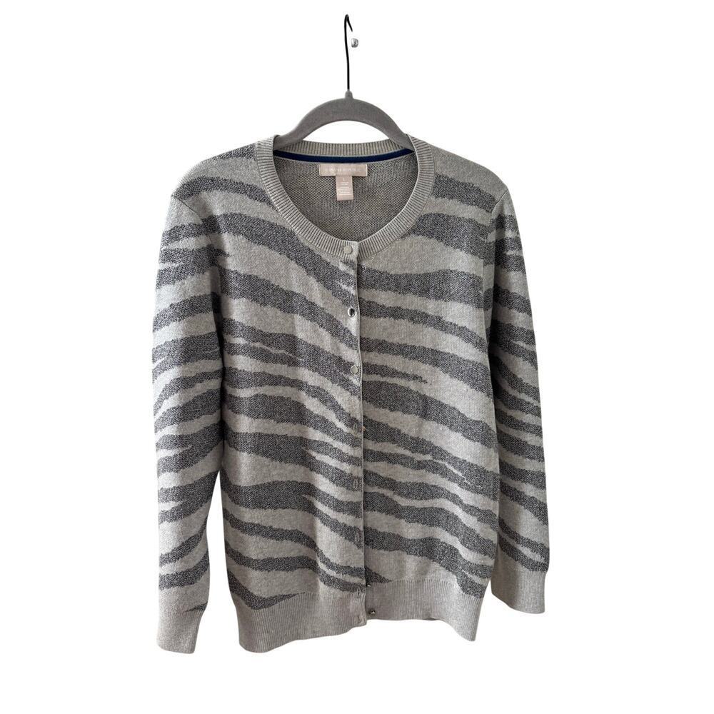Banana Republic Zebra Print Cardigan Sweater Women’s Large Gray Metallic Knit - Picture 8 of 10